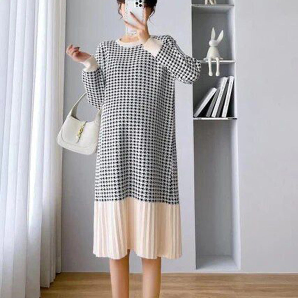 FC Elegant Autumn Winter Plaid  Patchwork Knitted Maternity Dress