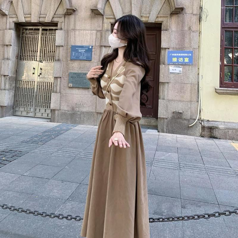 FC Knitted corduroy women French Long Skirt Maxi Dress