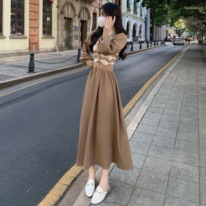 FC Knitted corduroy women French Long Skirt Maxi Dress