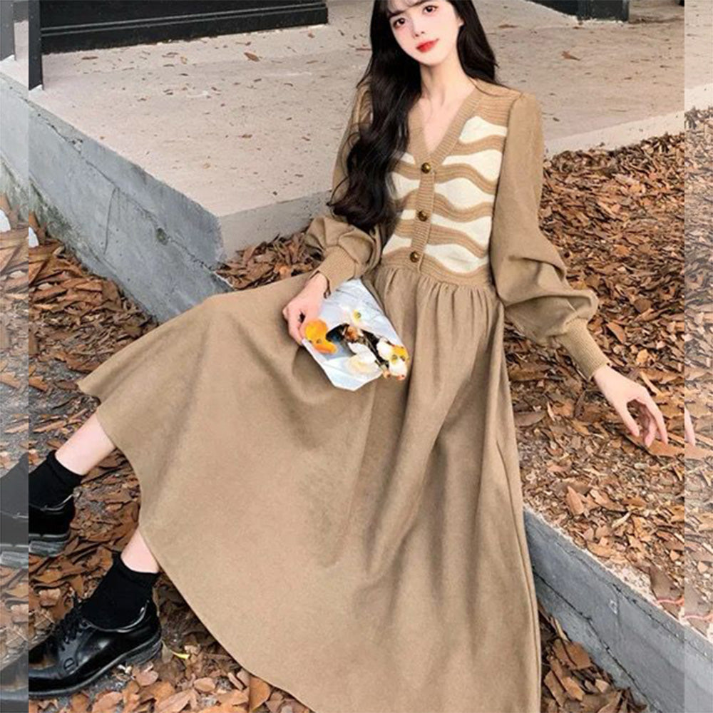 FC Knitted corduroy women French Long Skirt Maxi Dress