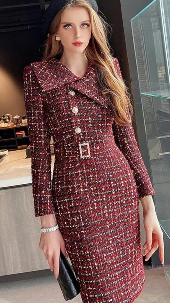 FC Women Winter Tweed Office Style Elegant Formal Dress