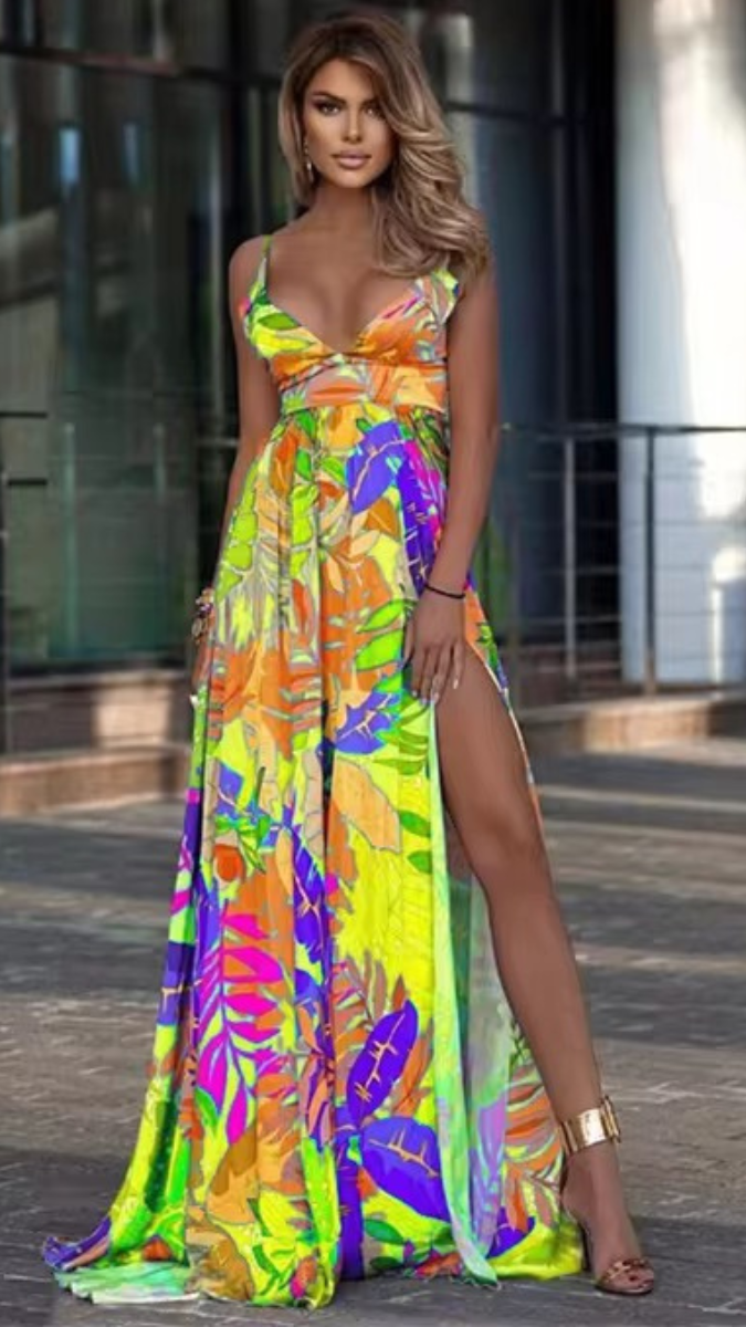 Sexy Cutout Floral Printed High Slit Maxi Dress FC1841