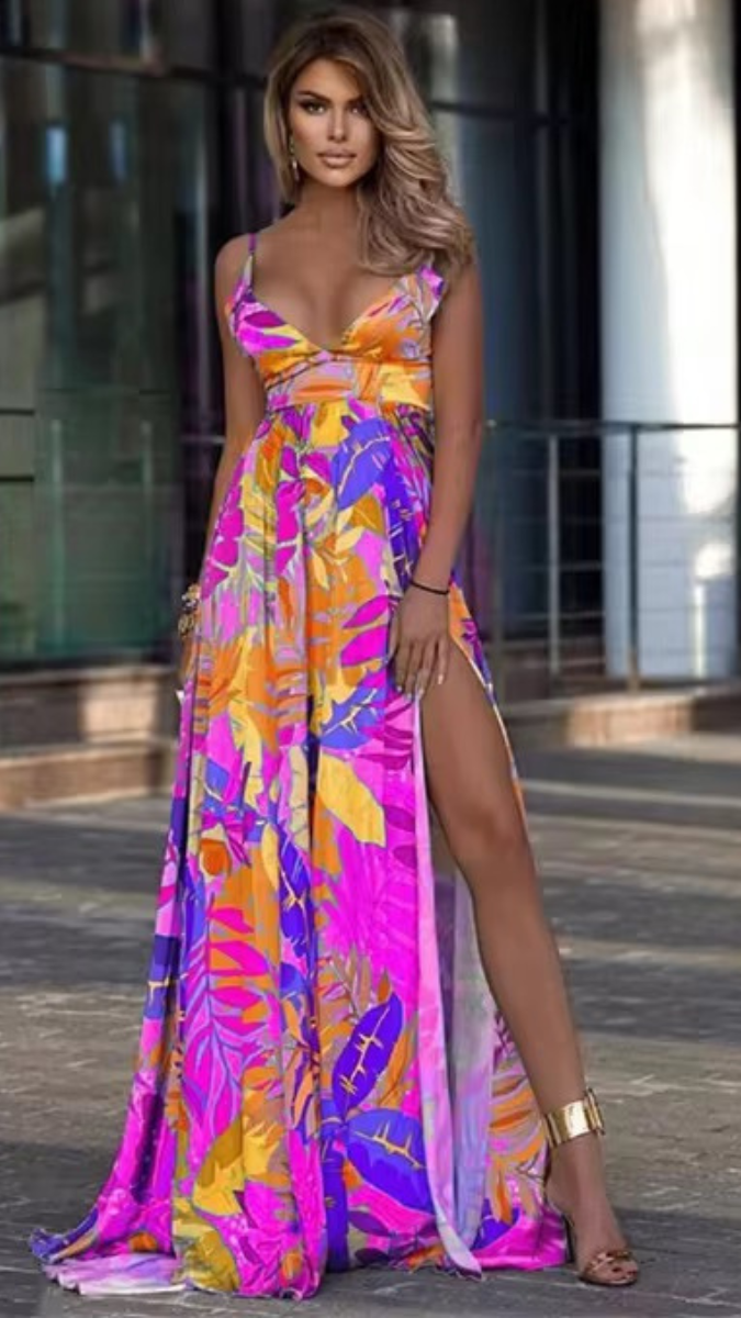 Sexy Cutout Floral Printed High Slit Maxi Dress FC1841