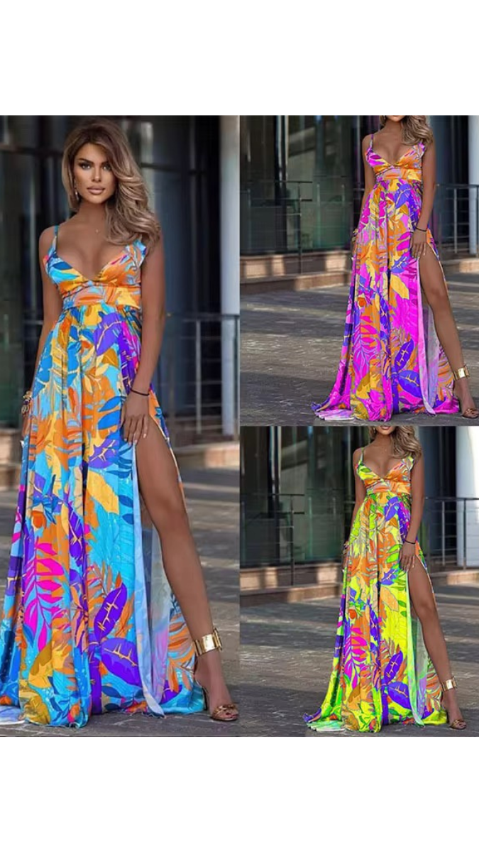 Sexy Cutout Floral Printed High Slit Maxi Dress FC1841