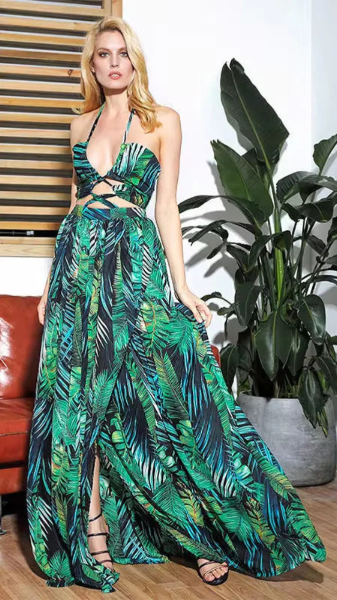 Sexy Cutout Halter Neck Floral Printed Deep V Neck Maxi Dress FC1837