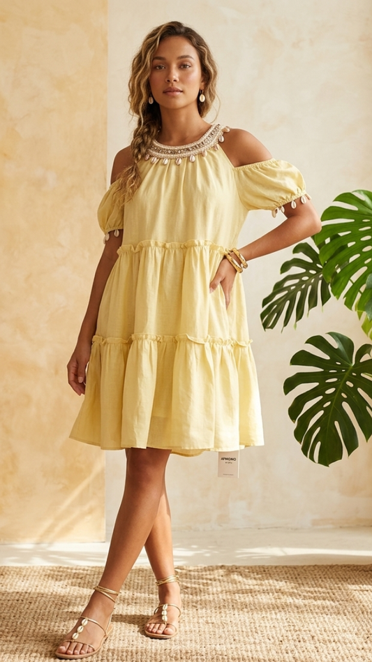 Shell Decorated Neckline Off Shoulder Mini Dress FC2376