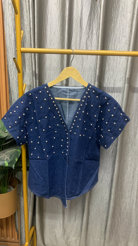 Silver Bead Embedded V Neck Denim Top FC2560