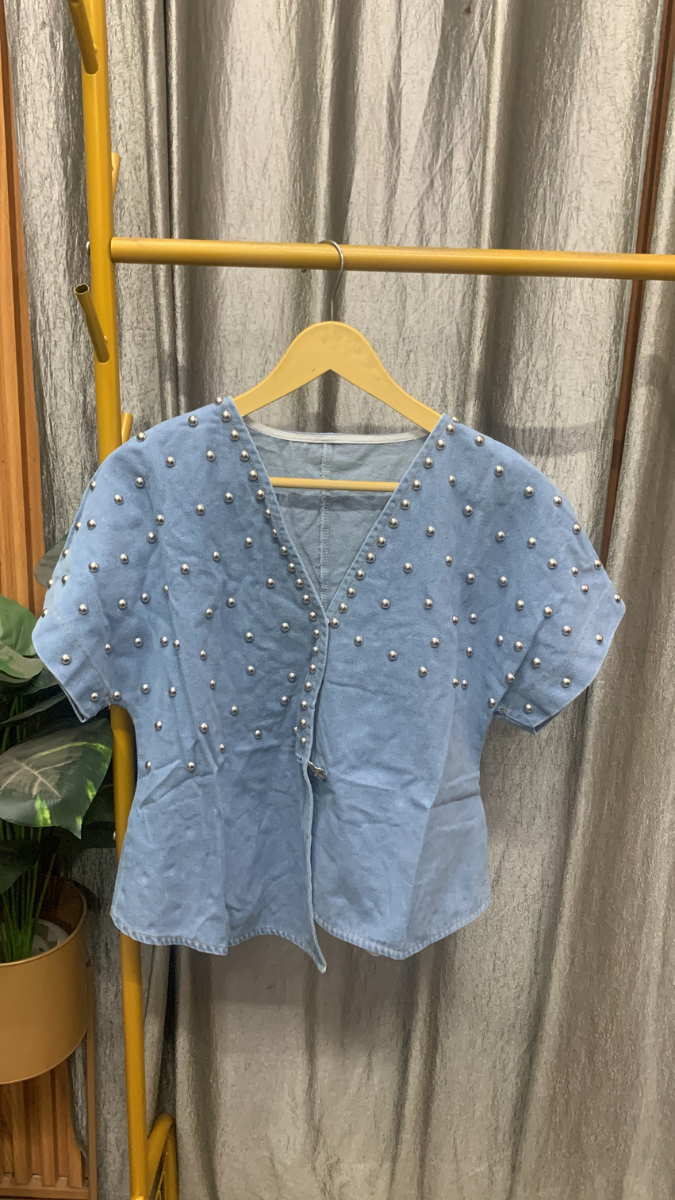 Silver Bead Embedded V Neck Denim Top FC2560