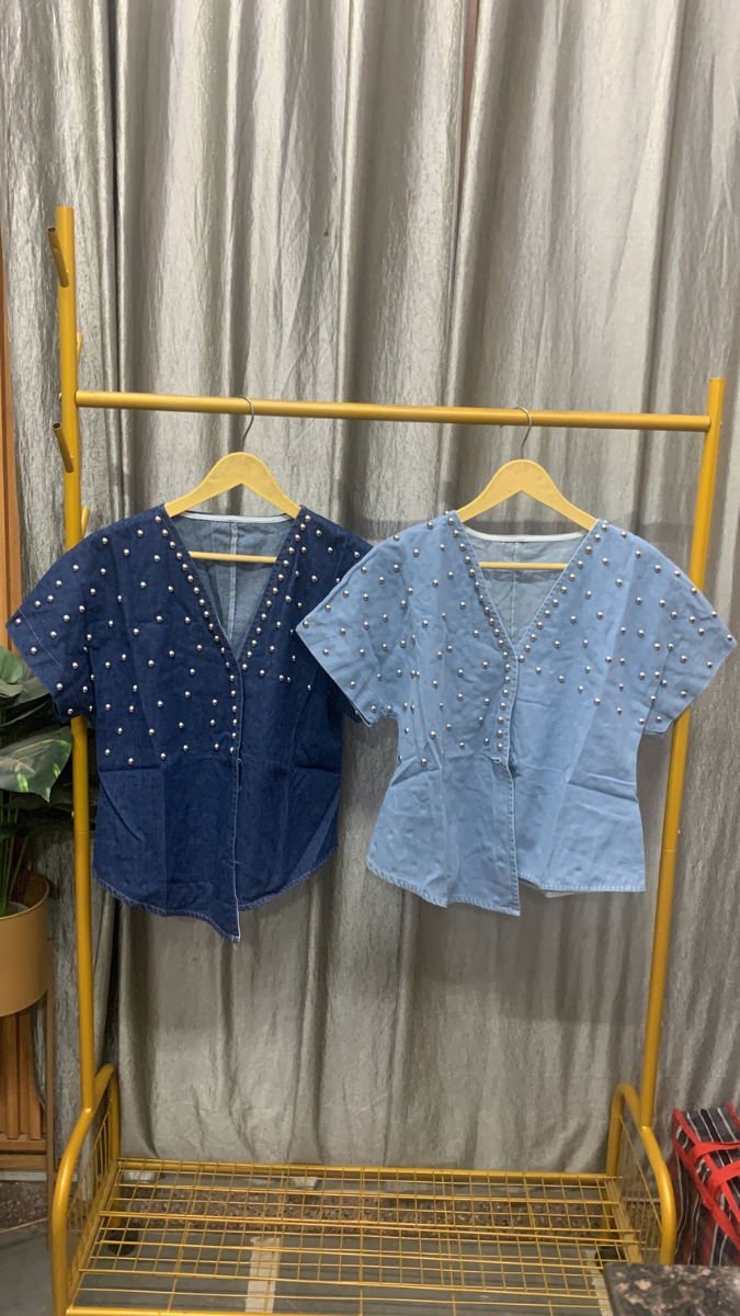 Silver Bead Embedded V Neck Denim Top FC2560