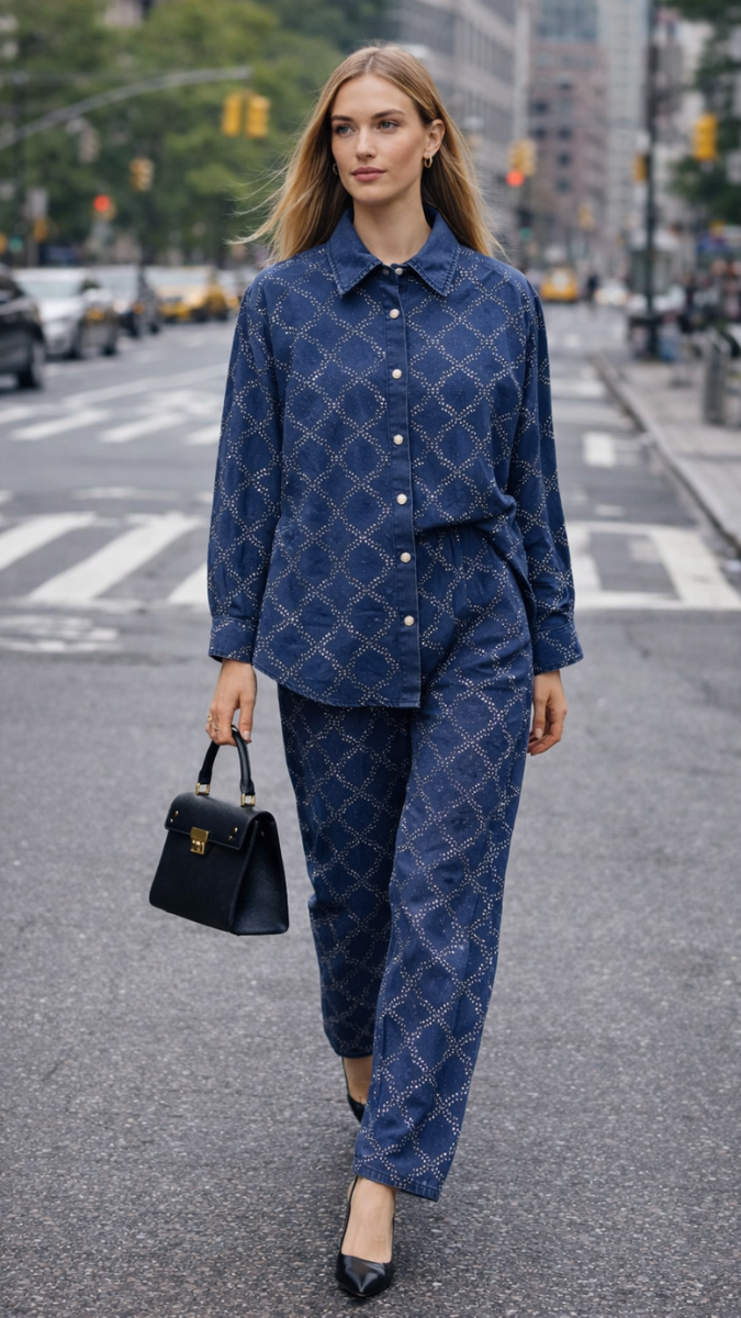 Small Pearl Embedded Shirt And Pant Denim Coord Set FC2293