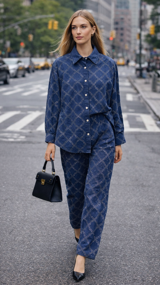 Small Pearl Embedded Shirt And Pant Denim Coord Set FC2293