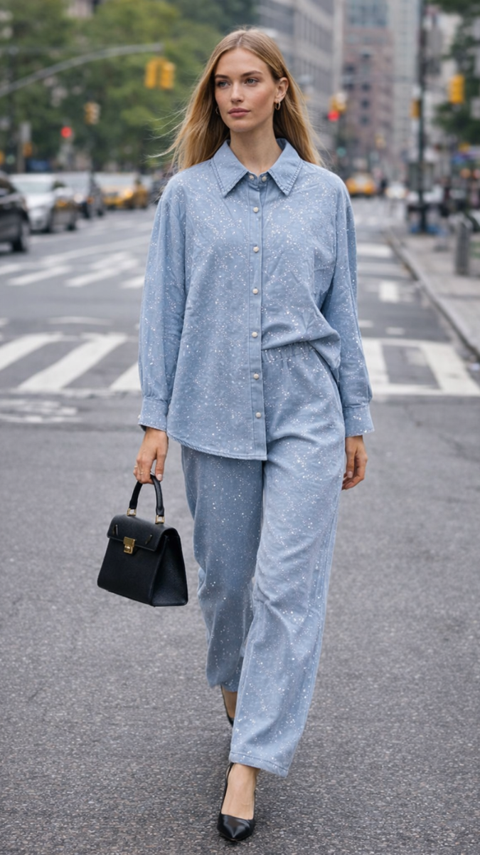 Small Pearl Embedded Shirt And Pant Denim Coord Set FC2293