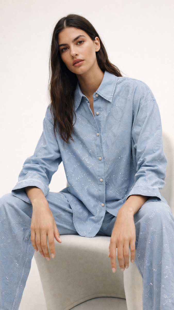 Small Pearl Embedded Shirt And Pant Denim Coord Set FC2293