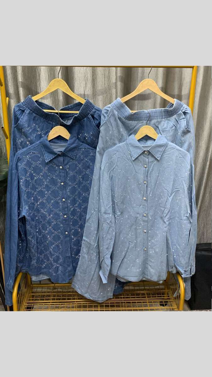 Small Pearl Embedded Shirt And Pant Denim Coord Set FC2293