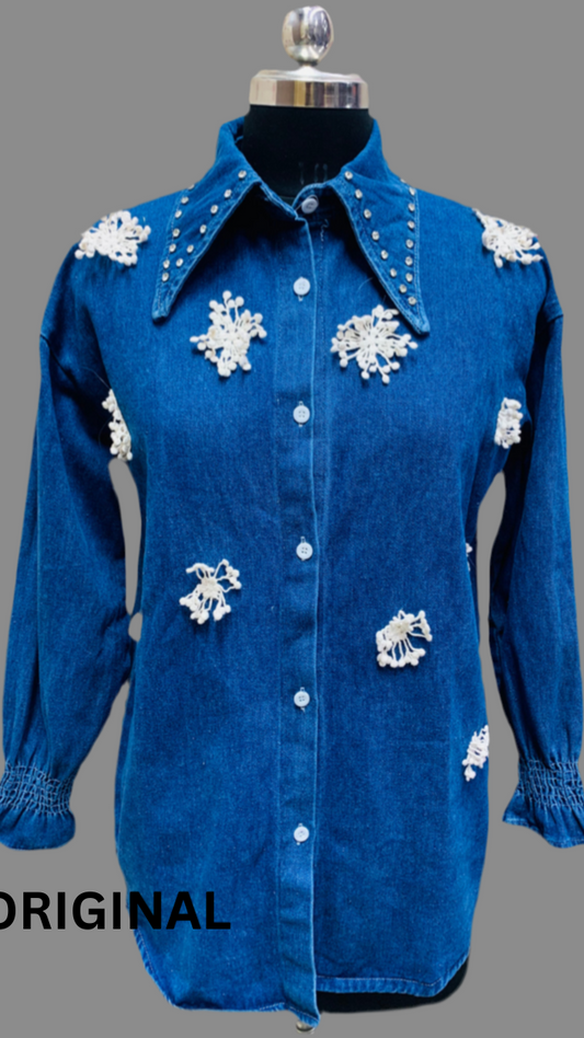 Snow Flake Designed Embedded Denim Shirt FC1561