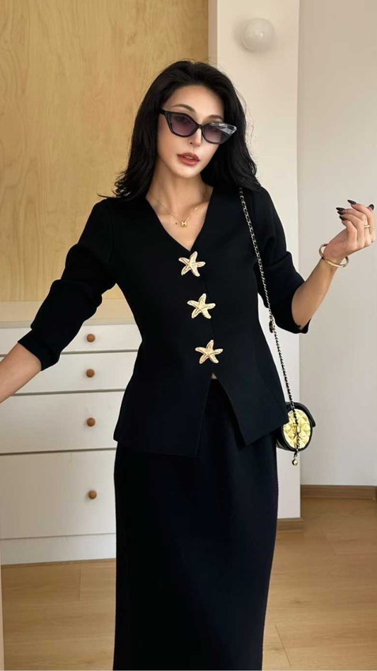 Star Fish Button V Neck Woolen Top FC1972