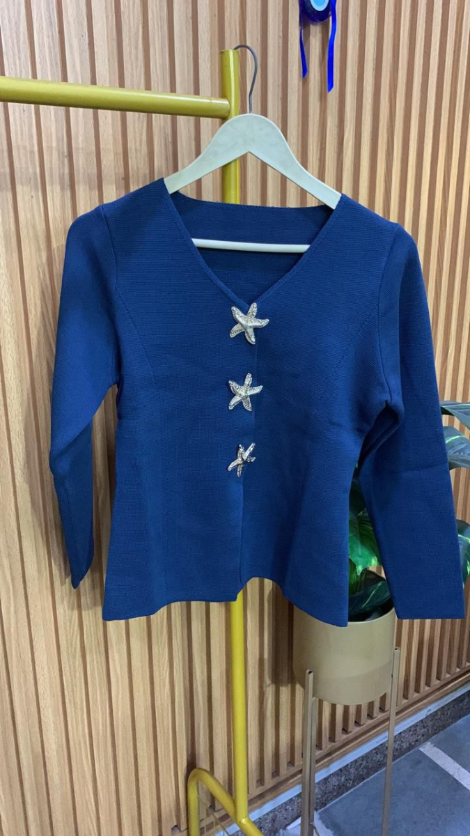 Star Fish Button V Neck Woolen Top FC1972