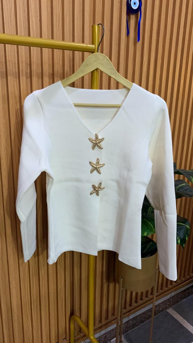 Star Fish Button V Neck Woolen Top FC1972