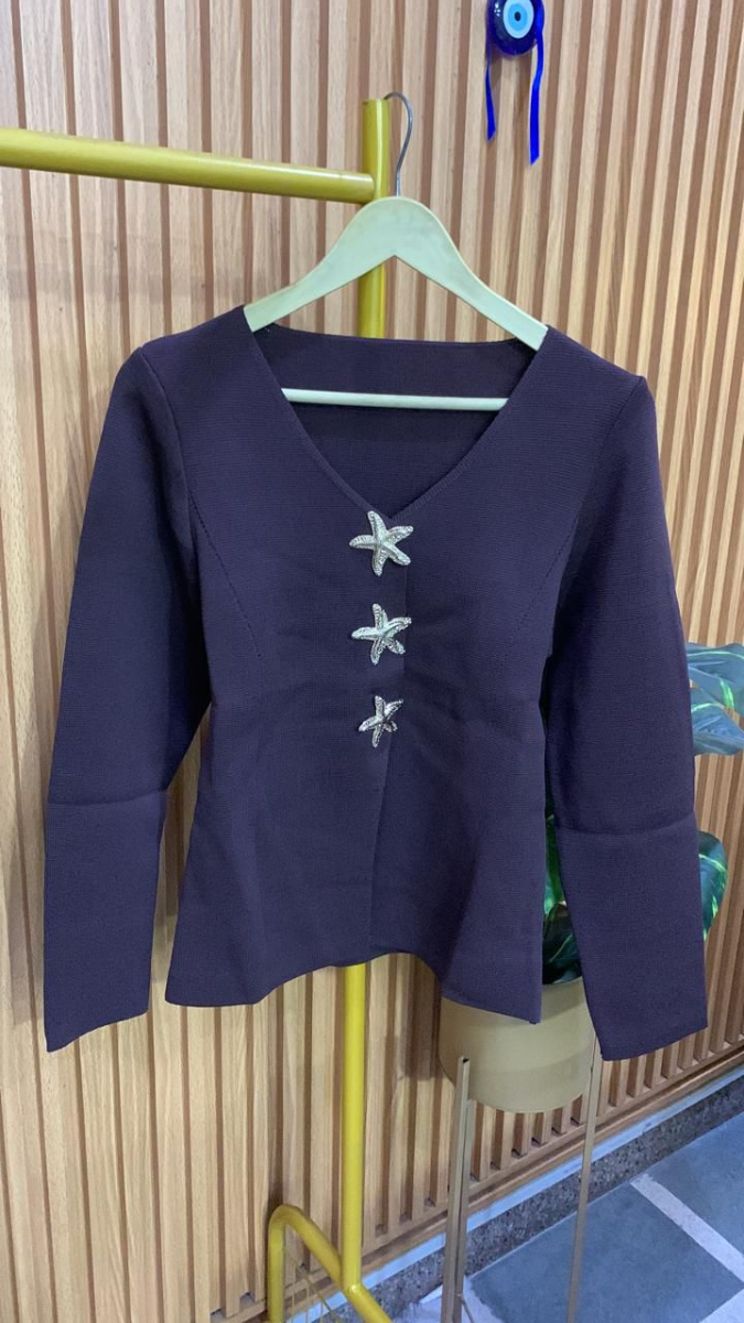 Star Fish Button V Neck Woolen Top FC1972