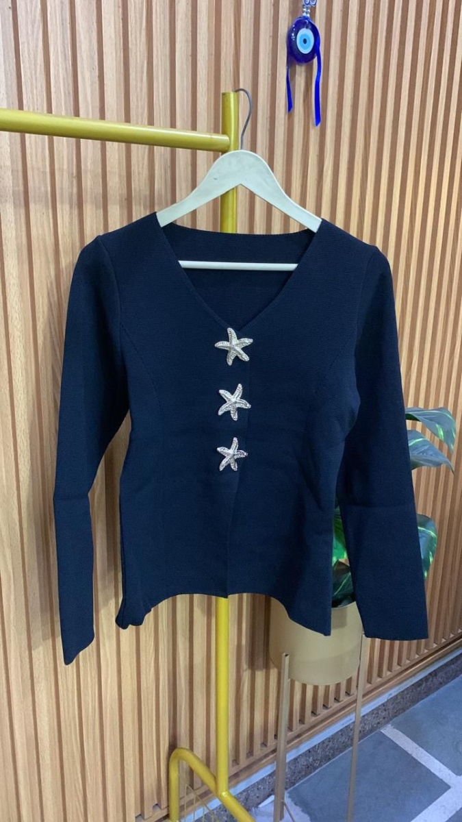 Star Fish Button V Neck Woolen Top FC1972