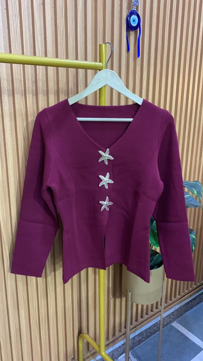 Star Fish Button V Neck Woolen Top FC1972
