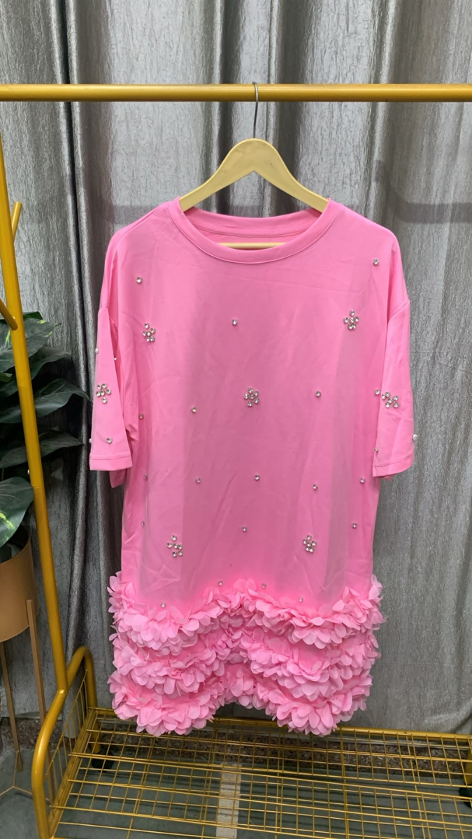 Stone And Flower Embedded Round Neck Half Sleeve Mini Dress FC2564