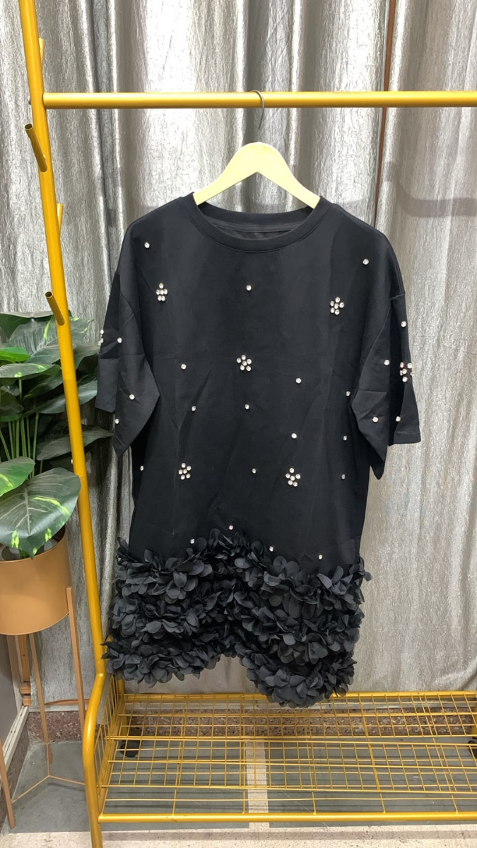 Stone And Flower Embedded Round Neck Half Sleeve Mini Dress FC2564