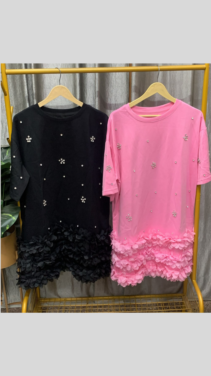 Stone And Flower Embedded Round Neck Half Sleeve Mini Dress FC2564