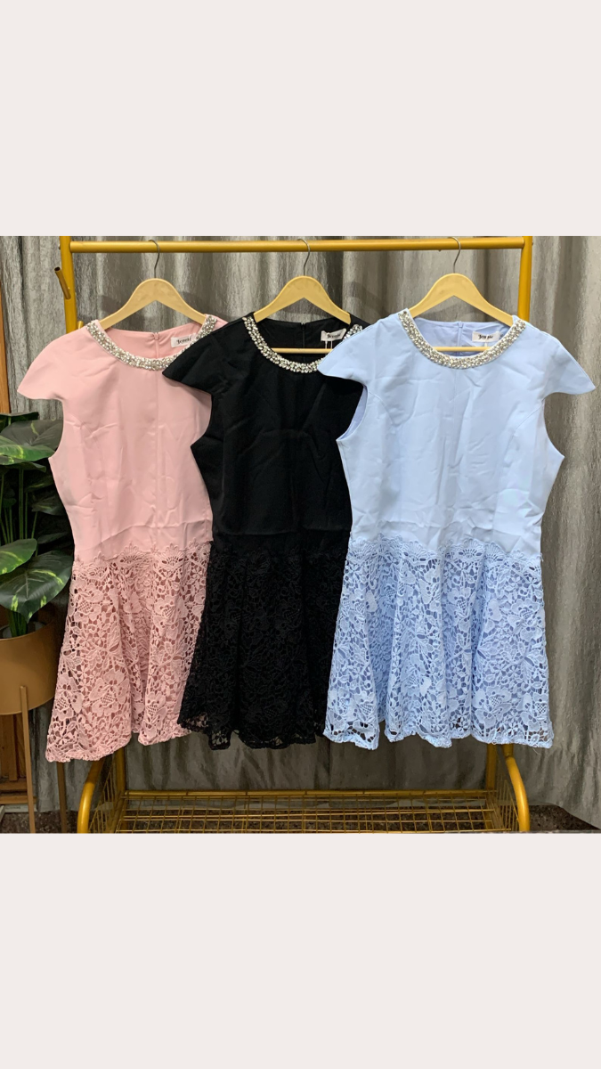 Stone Designed Neckline Half Crochet Mini Dress FC2460
