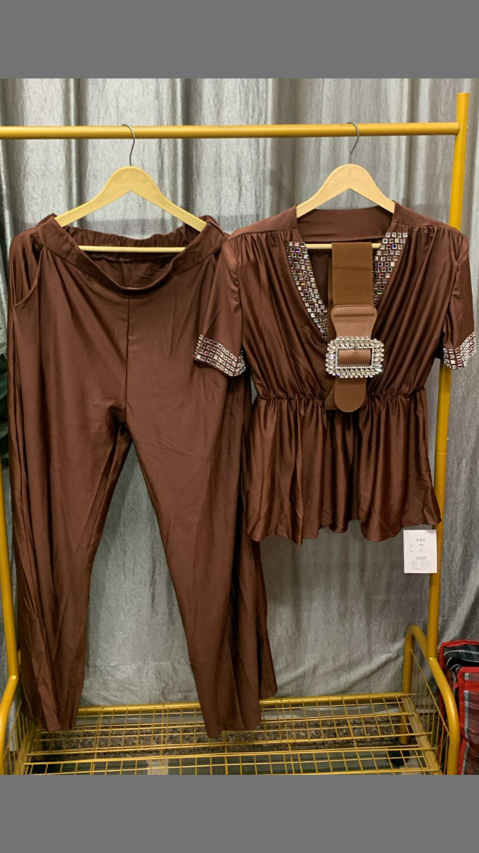 Stone Designed V Neck Top And Loose Pant With Broad Belt Coord Set FC2433