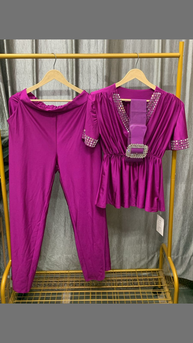 Stone Designed V Neck Top And Loose Pant With Broad Belt Coord Set FC2433