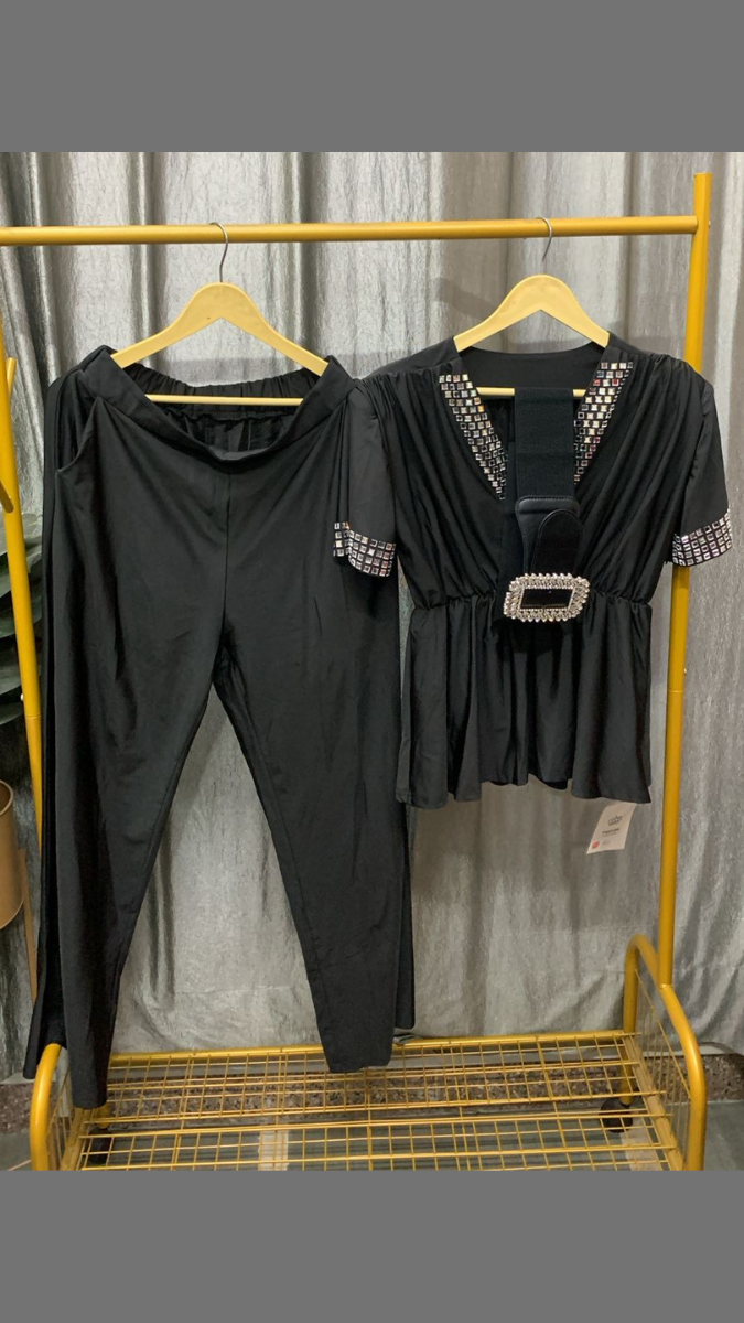 Stone Designed V Neck Top And Loose Pant With Broad Belt Coord Set FC2433
