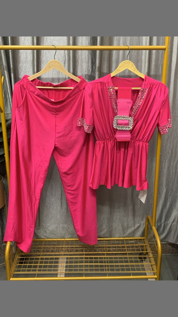 Stone Designed V Neck Top And Loose Pant With Broad Belt Coord Set FC2433
