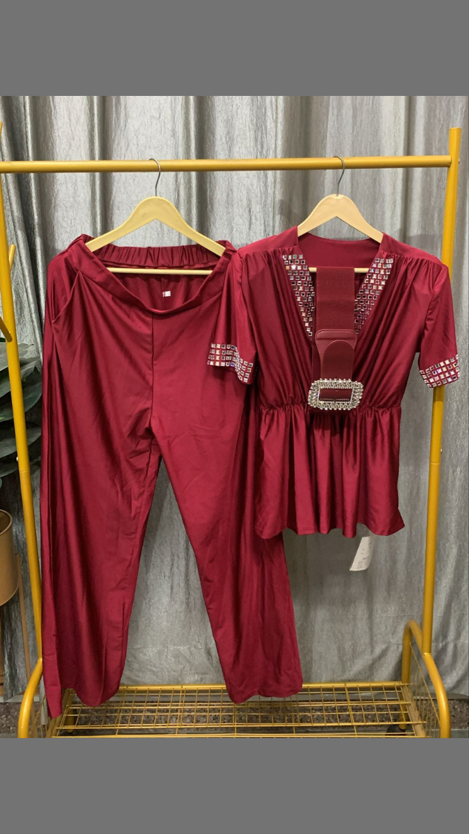 Stone Designed V Neck Top And Loose Pant With Broad Belt Coord Set FC2433