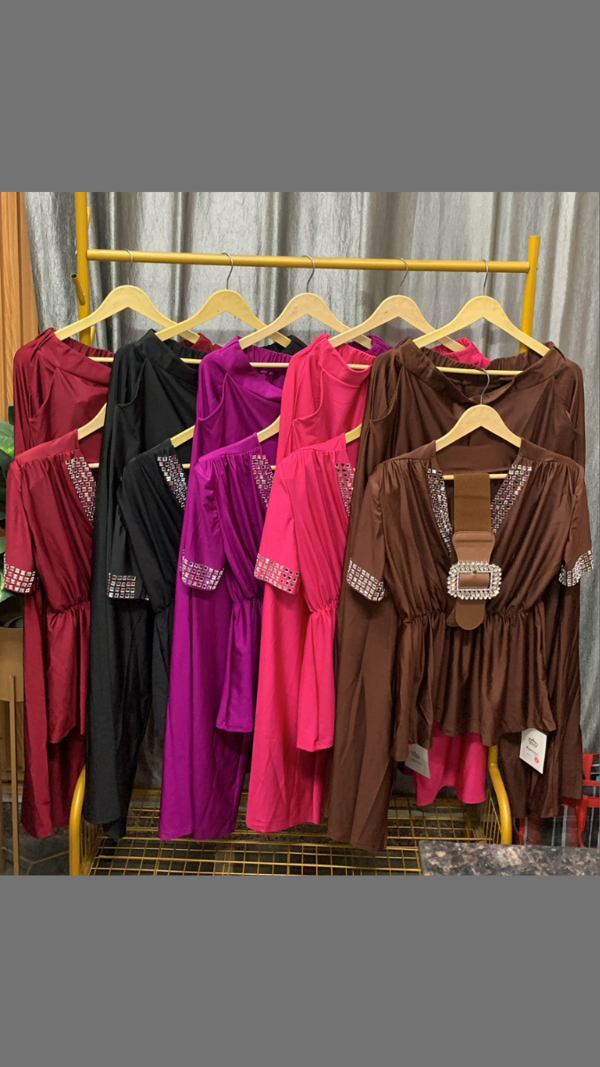Stone Designed V Neck Top And Loose Pant With Broad Belt Coord Set FC2433