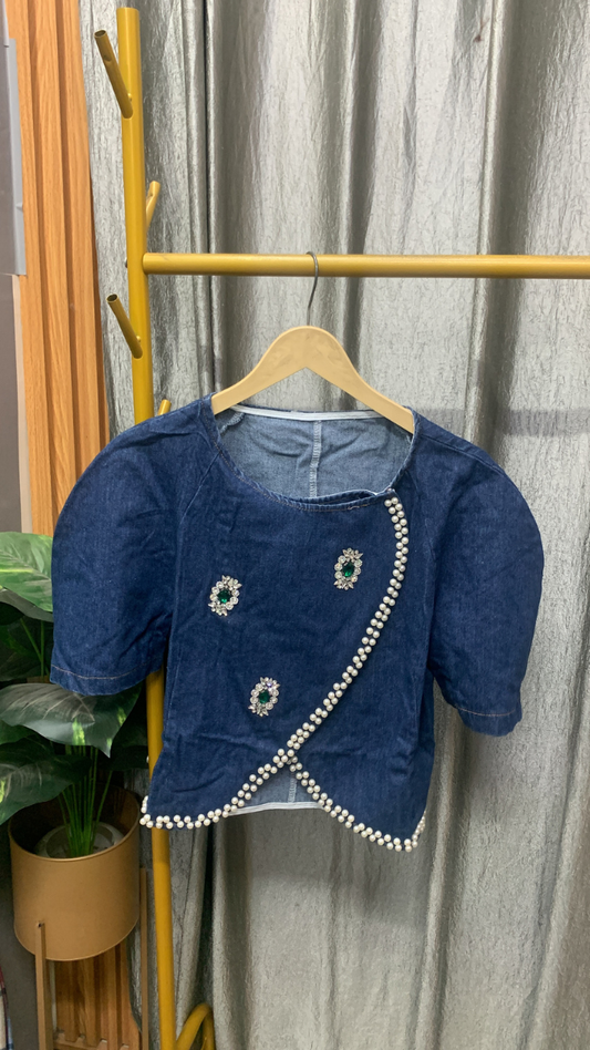 Stone Embedded And Pearl Embedded Borderline Denim Top FC2555