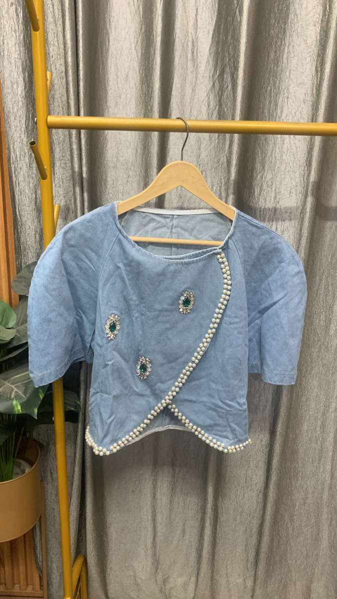 Stone Embedded And Pearl Embedded Borderline Denim Top FC2555