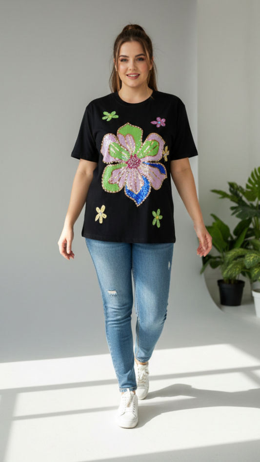 Stone Embedded Flower Round Neck Top FC2190