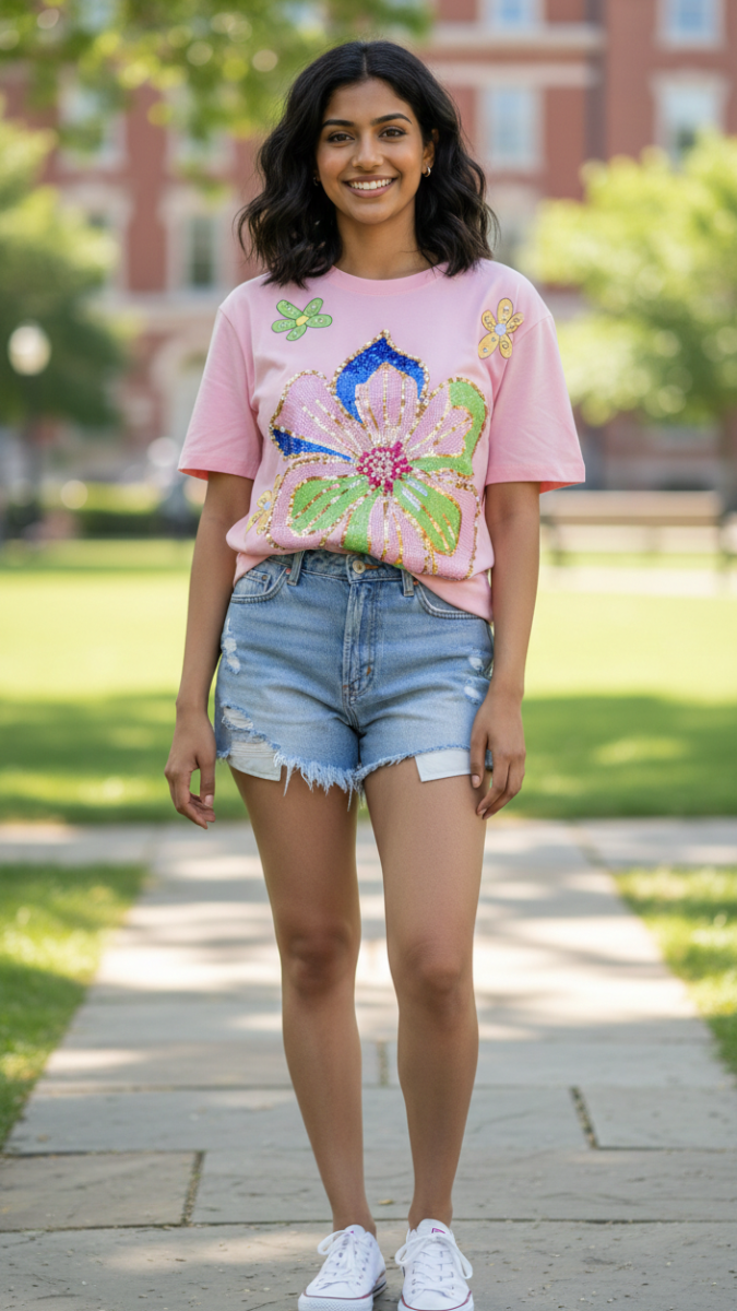 Stone Embedded Flower Round Neck Top FC2190