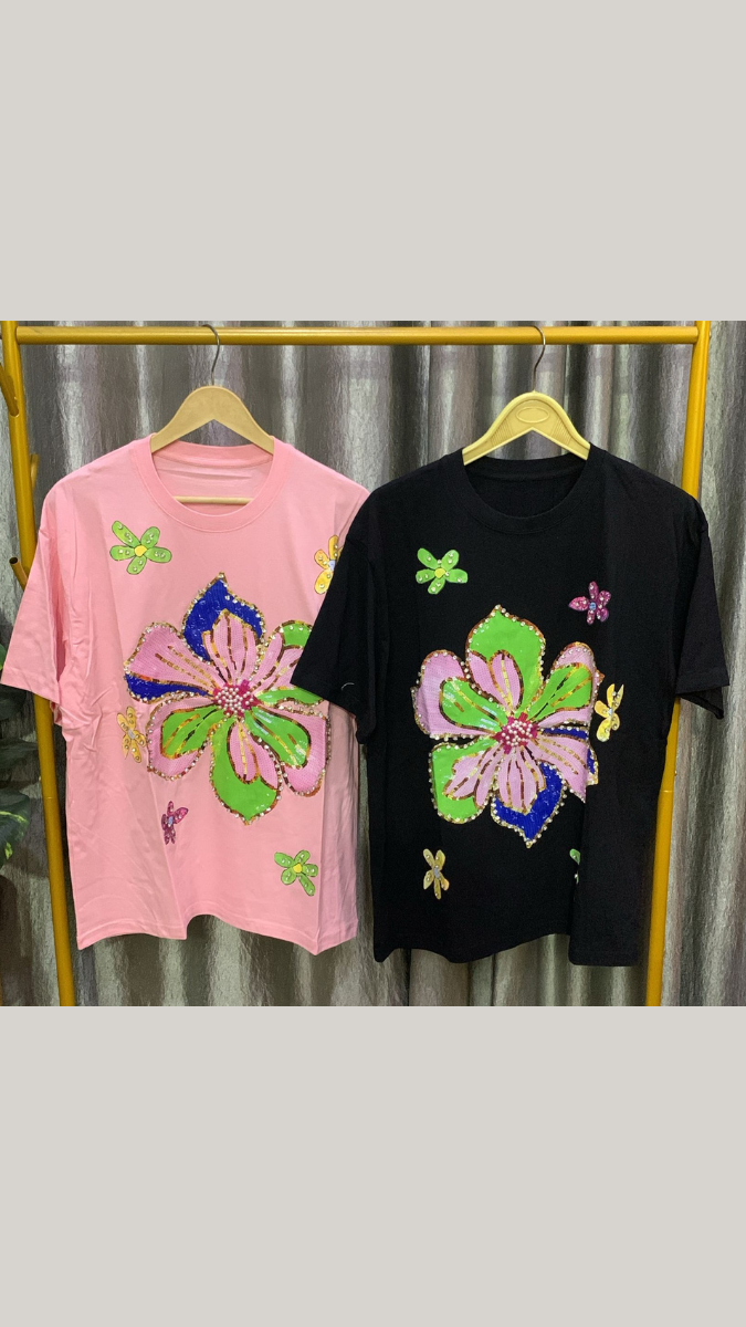 Stone Embedded Flower Round Neck Top FC2190