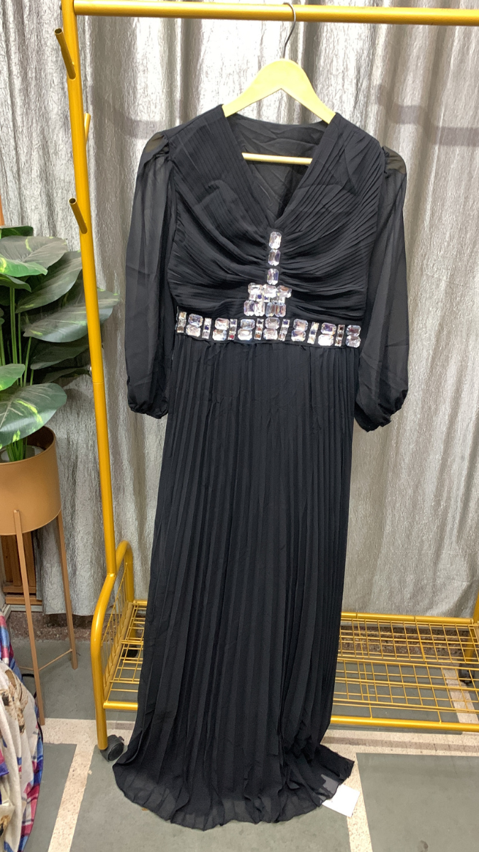 Stone Embedded V Neck Ruffle Dress FC2477