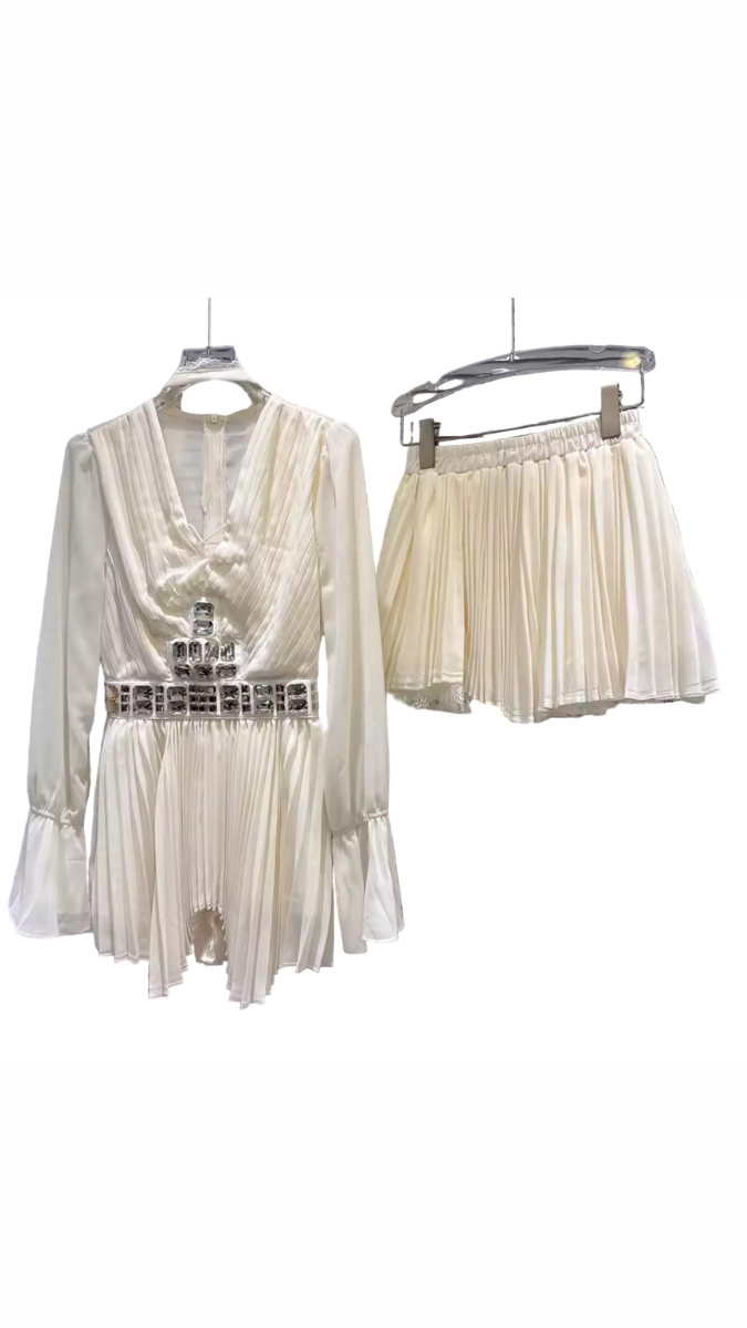Stone Embedded Pleaded Long Top With Pleaded Skirt Set FC2394