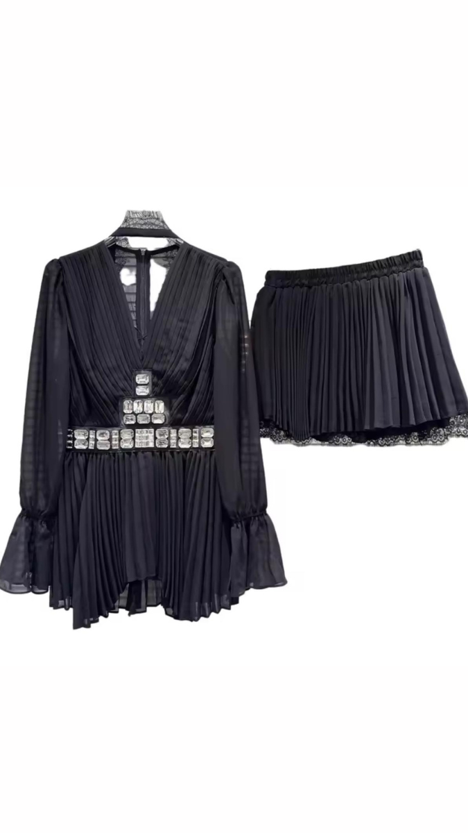 Stone Embedded Pleaded Long Top With Pleaded Skirt Set FC2394