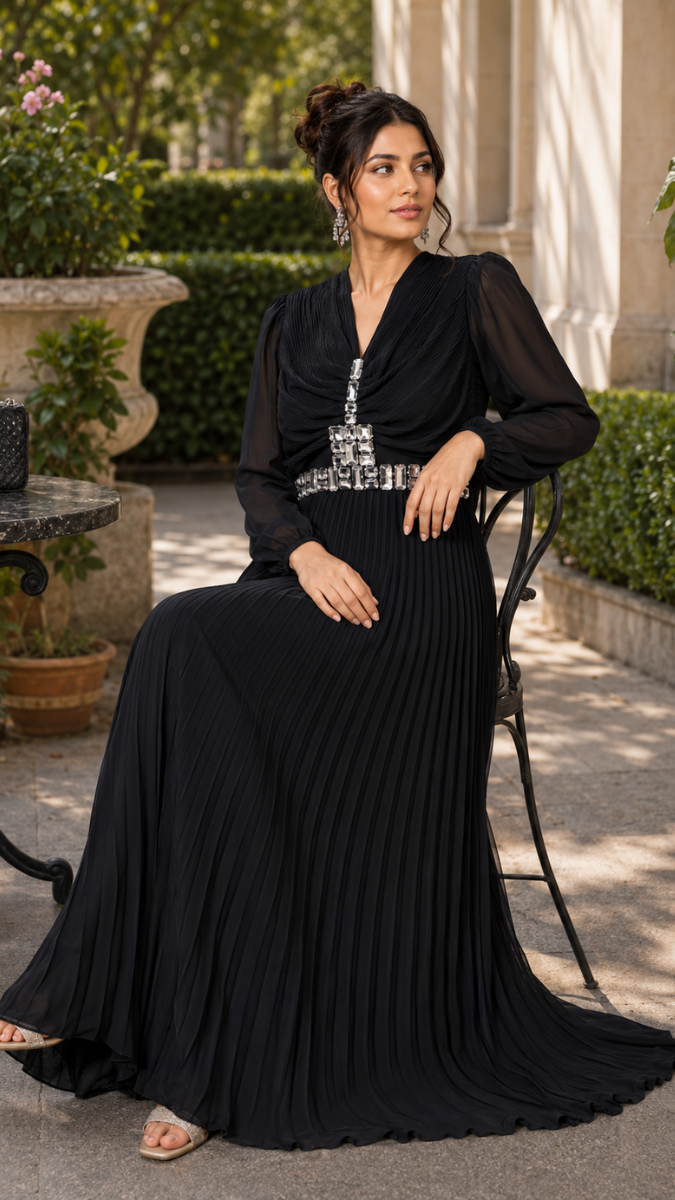 Stone Embedded V Neck Ruffle Dress FC2477