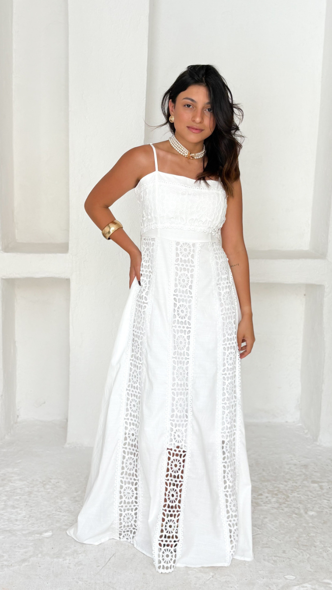 Strap Sleeve Crochet Design Embedded Maxi Dress FC2455