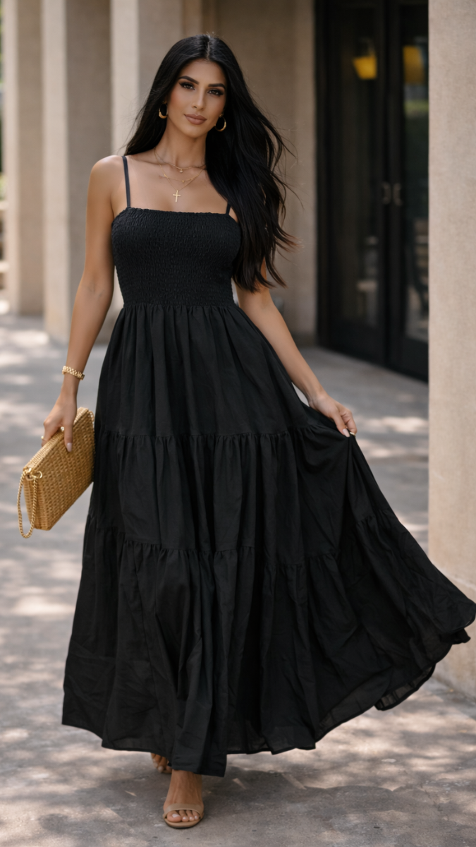 Strap Sleeve Elastic Upper Maxi Dress FC2330