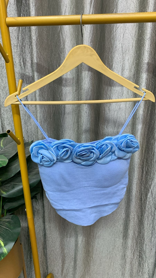 Strap Sleeve Rose Embedded Crop Top FC2463
