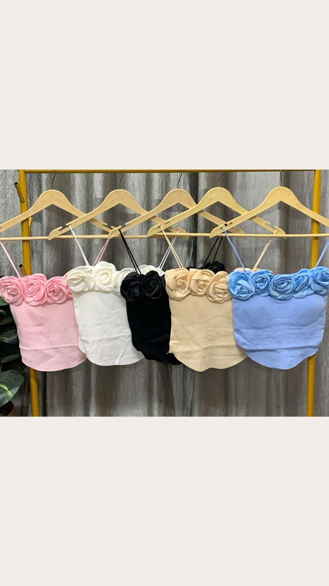 Strap Sleeve Rose Embedded Crop Top FC2463