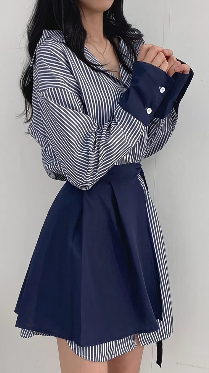 Stripe Long Sleeve Shirt 2 Piece Set FC1790