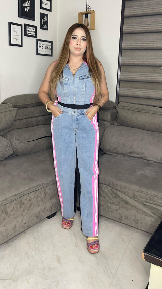 Stripe Sides Sleeveless Top Denim Coord Set FC1910
